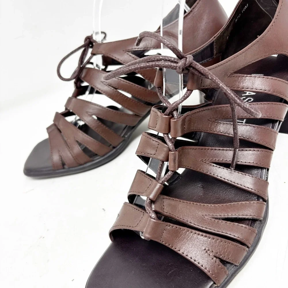 90s Laura Scott Jill Brown Leather Strappy Lace Up Block Heel Sandals Size 10M‎